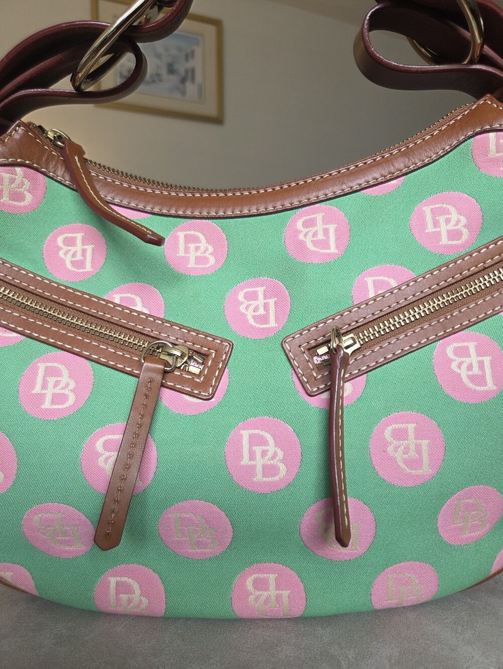 Dooney & Bourke Y2K Vintage Hobo Bag Monogram Polka Dot Pink Green Palm Beach - Picture 12 of 12